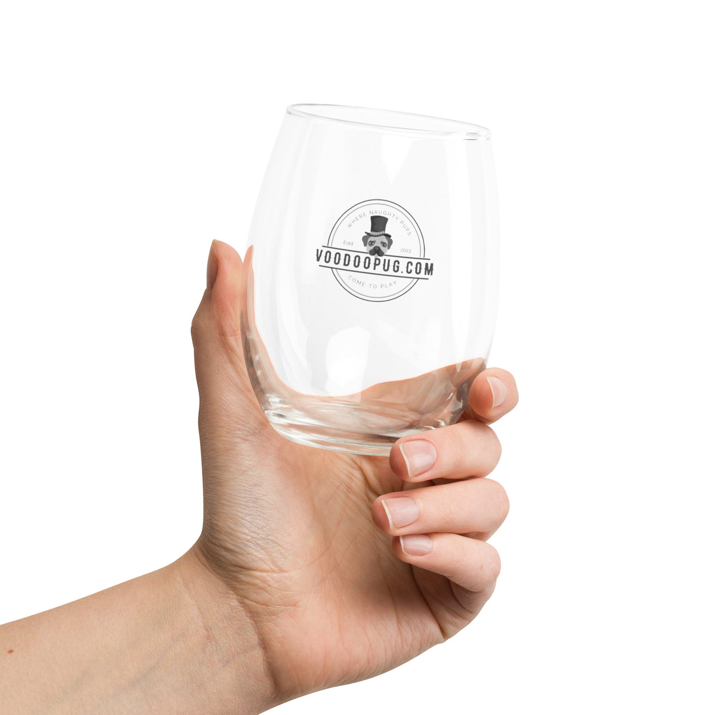 VoodooPug.com Stemless wine glass