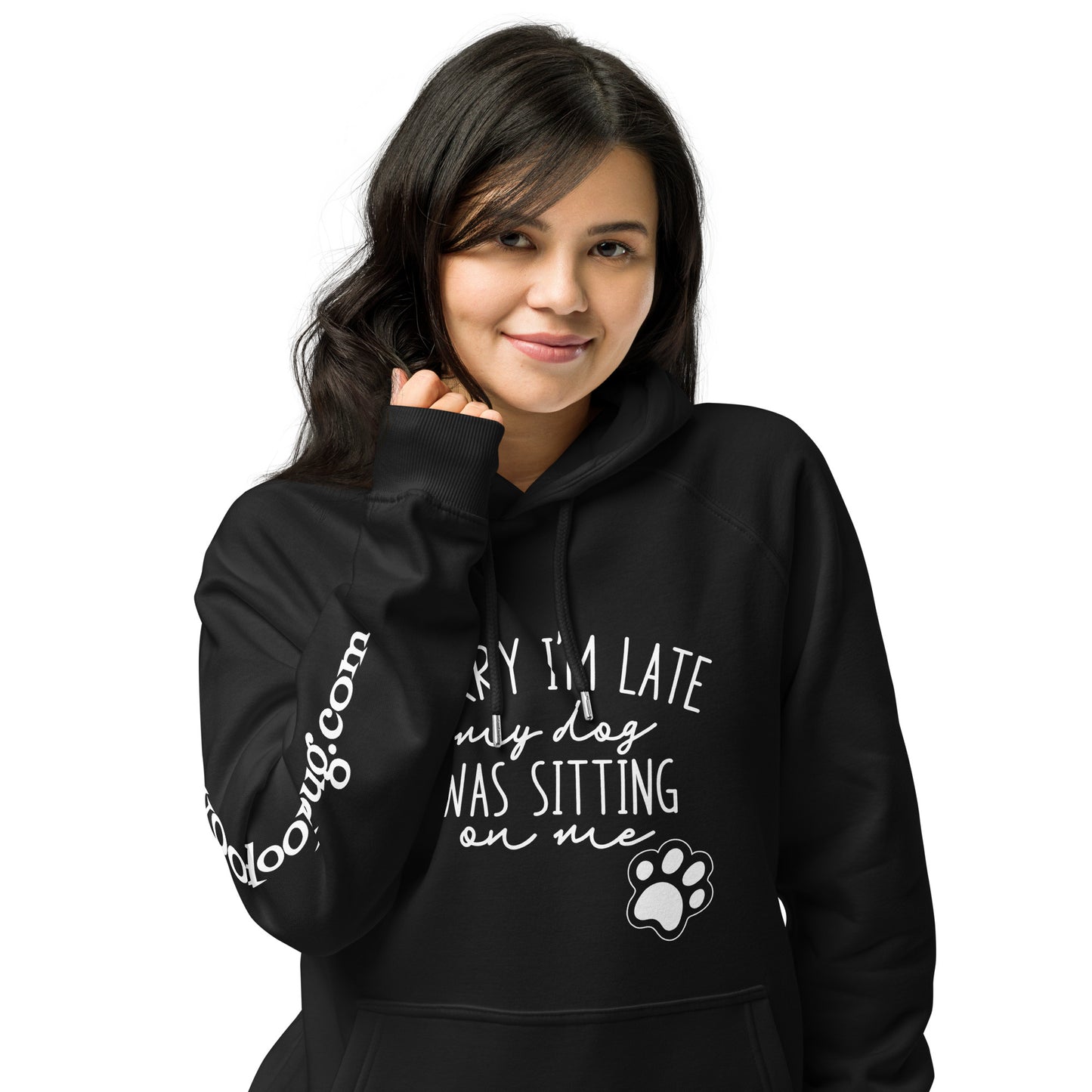 Sorry I'm late. My dog was sitting on me. Unisex Eco Raglan Hoodie