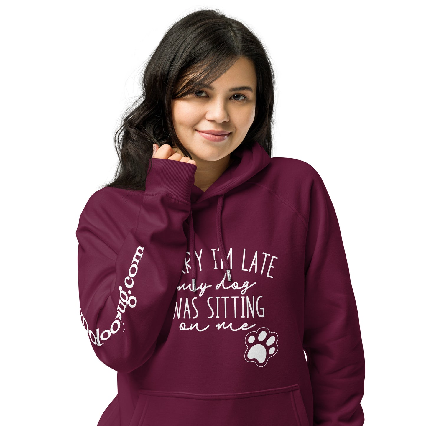 Sorry I'm late. My dog was sitting on me. Unisex Eco Raglan Hoodie