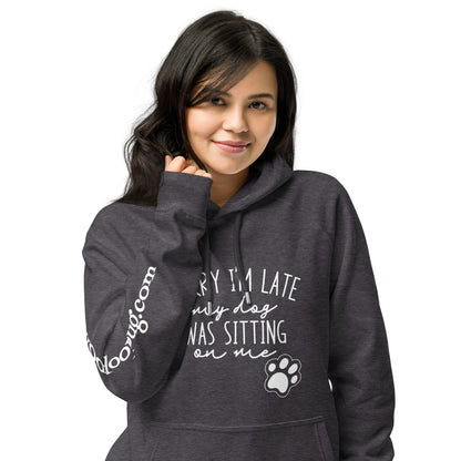 Sorry I'm late. My dog was sitting on me. Unisex Eco Raglan Hoodie